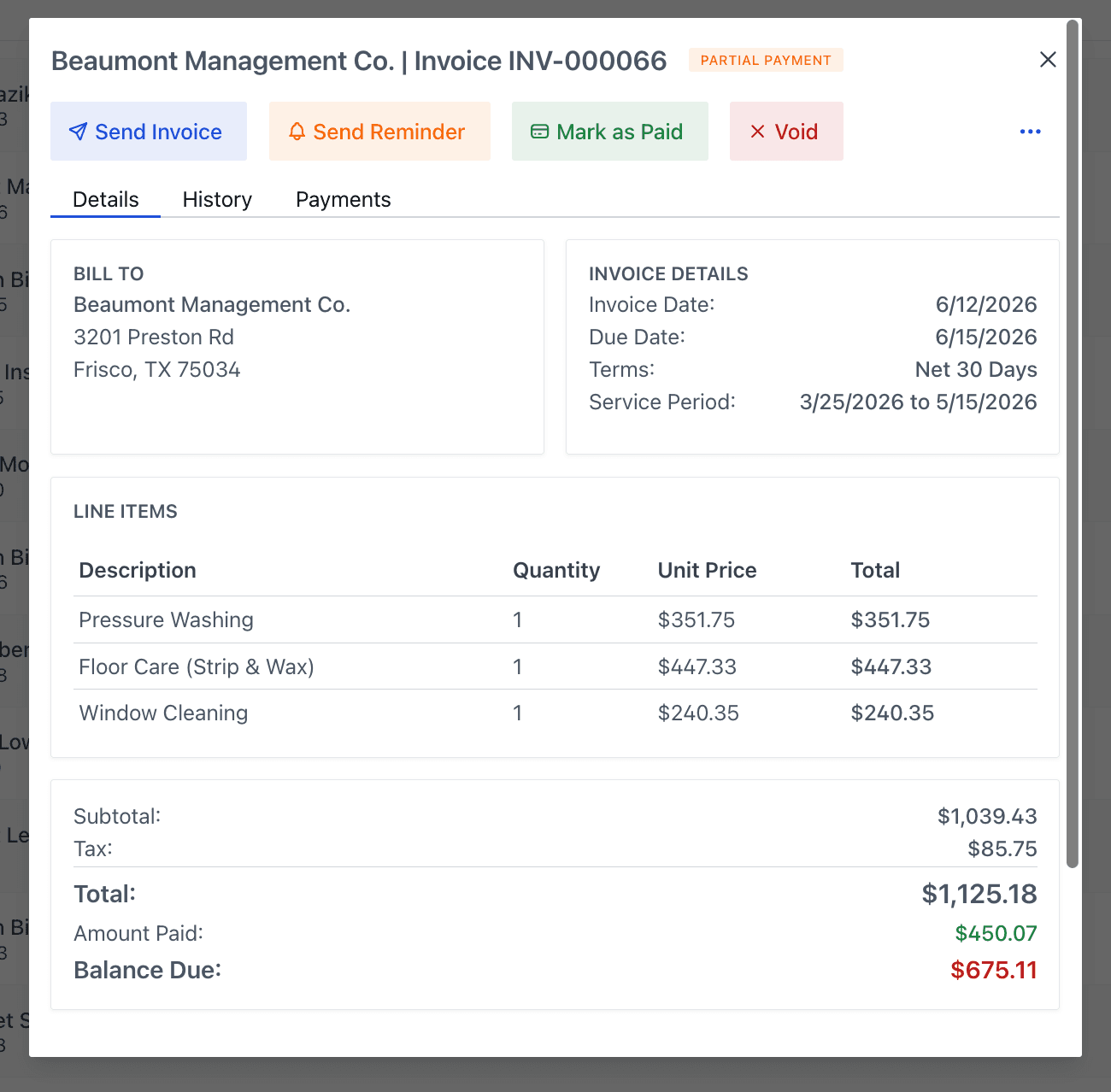 A rollup invoice with multiple services for a commercial client in Loma